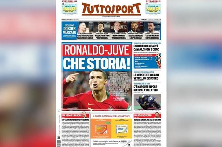 Tuttosport abrió este domingo con la noticia del deseo de la Juventus de Turín por fichar a Cristiano Ronaldo. (Foto Prensa Libre: tomada de Tuttosport)