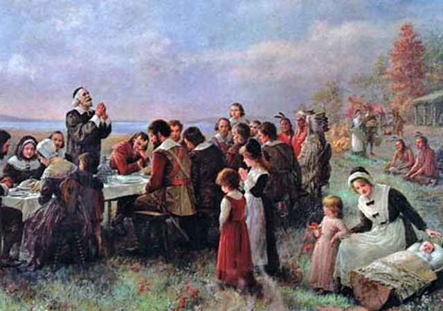 El primer día de Acción de Gracias en Plymouth (1914), de Jennie A. Brownscombe. La pintura muestra la convivencia entre colonizadores y los nativos americanos. (Foto: Hemeroteca PL)
