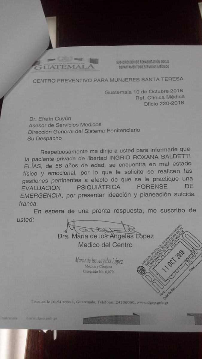 Baldetti tiene tendencia suicida detalla informe. (Foto Prensa Libre: Cortesía)