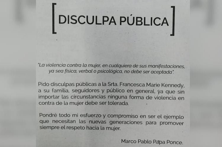 Esta es la disculpa pública realizada por Marco Pappa que apareció en la edición de este sábado en Prensa Libre. (Foto Prensa Libre: Prensa Libre)
