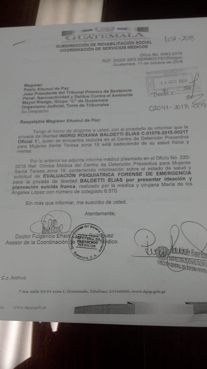 El informe de Presidios acerca de la tendencia suicida de Baldetti. (Foto Prensa Libre: Cortesía)