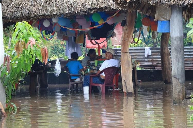 Una familia de Wiscoyol, Iztapa, se resigna a vivir entre el agua, producto de las inundaciones. (Foto Prensa Libre: Carlos Paredes)