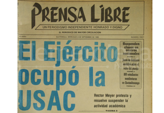 Titular de Prensa Libre del 4 de septiembre de 1985. (Foto: Hemeroteca PL)